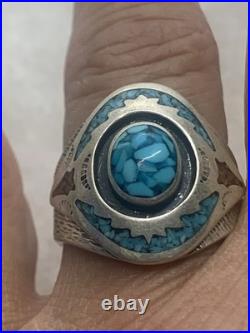 Mens Sterling Silver Ring Turquoise Inlay Signed Makers Mark Jewelry