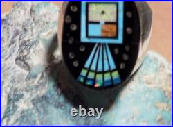 Mens Sterling Turquoise Jet Inlay Ring Navajo Gilbert Smith Size 12.5