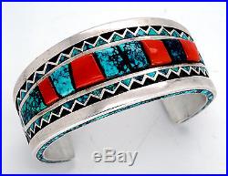 Michael Perry Navajo Spider Web Turquoise Coral Sterling Silver Bracelet