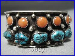 Museum Vintage Navajo Spiderweb Turquoise Coral Sterling Silver Bracelet Old