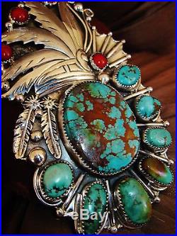 NATIVE AMERICAN TURQUOISE LEATHER BRACELET, 106gr Sterling Silver CHAVEZ, 4.3wide