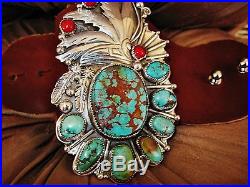 NATIVE AMERICAN TURQUOISE LEATHER BRACELET, 106gr Sterling Silver CHAVEZ, 4.3wide
