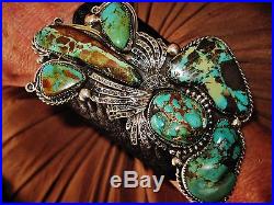 NATIVE AMERICAN TURQUOISE LEATHER BRACELET, 115g Sterling Silver CHAVEZ, 4.5 wide