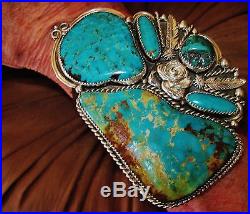 NATIVE AMERICAN TURQUOISE LEATHER BRACELET, 117gr Sterling Silver CHAVEZ, 4 wide