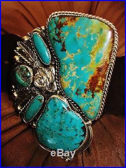 NATIVE AMERICAN TURQUOISE LEATHER BRACELET, 117gr Sterling Silver CHAVEZ, 4 wide