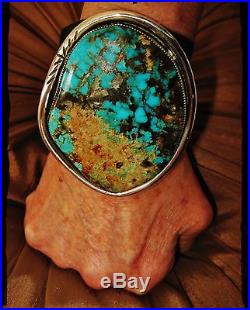 NATIVE AMERICAN TURQUOISE LEATHER BRACELET, 120 gr Sterling Silver CHAVEZ 3 wide