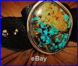 NATIVE AMERICAN TURQUOISE LEATHER BRACELET, 120 gr Sterling Silver CHAVEZ 3 wide