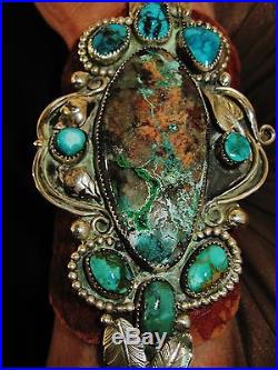 NATIVE AMERICAN TURQUOISE LEATHER BRACELET, 126g Sterling Silver CHAVEZ 5.5 wide