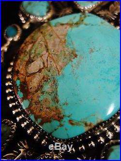 NATIVE AMERICAN TURQUOISE LEATHER BRACELET, 131gr Sterling Silver CHAVEZ, 5 wide