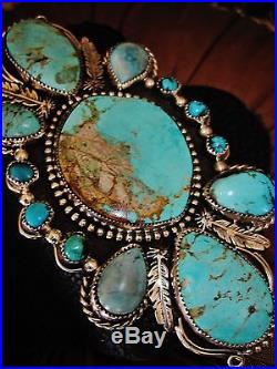 NATIVE AMERICAN TURQUOISE LEATHER BRACELET, 131gr Sterling Silver CHAVEZ, 5 wide