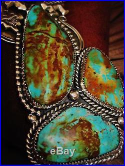 NATIVE AMERICAN TURQUOISE LEATHER BRACELET, 133gr Sterling Silver CHAVEZ, 5 wide