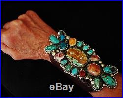 NATIVE AMERICAN TURQUOISE LEATHER BRACELET, 134g Sterling Silver CHAVEZ, 5.2 wide
