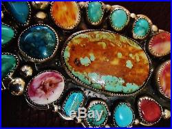 NATIVE AMERICAN TURQUOISE LEATHER BRACELET, 134g Sterling Silver CHAVEZ, 5.2 wide