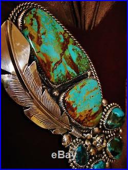 NATIVE AMERICAN TURQUOISE LEATHER BRACELET, 136gr Sterling Silver CHAVEZ, 5 wide