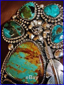 NATIVE AMERICAN TURQUOISE LEATHER BRACELET, 136gr Sterling Silver CHAVEZ, 5 wide