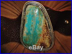 NATIVE AMERICAN TURQUOISE LEATHER BRACELET, 180g Sterling Silver CHAVEZ 4.5 wide