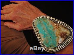 NATIVE AMERICAN TURQUOISE LEATHER BRACELET, 180g Sterling Silver CHAVEZ 4.5 wide