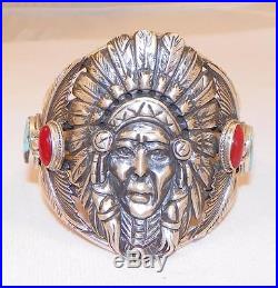 Navajolorenzo Jamessterling Silverturquoisecoralindian Chief Bracelet