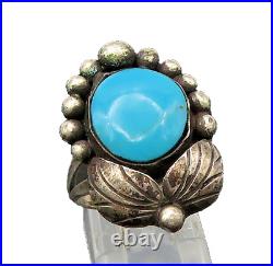 NAVAJO 925 Sterling Silver Vintage Turquoise Floral Band Ring Sz 8 RG22227