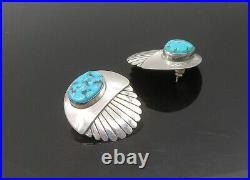 NAVAJO 925 Sterling Silver Vintage Turquoise Scalloped Drop Earrings EG11380