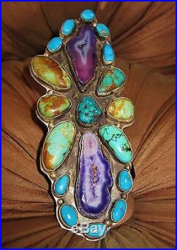 NAVAJO BEGAY SUBLIME TURQUOISE & AGATE DRUZY RING, 96 grams Sterling Silver, size8