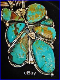 NAVAJO CHAVEZ TURQUOISE TRIBAL SIGNED NECKLACE, 190gr Sterling Silver