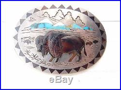 NAVAJO Henry & Linda Barber Sterling Silver Turquoise BUFFALO Concho Belt Buckle