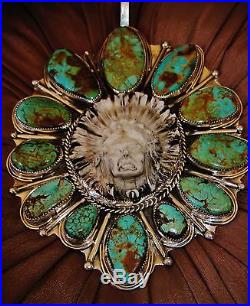 NAVAJO INDIAN CHIEF TURQUOISE PENDANT NECKLACE, 188gr CHAVEZ Sterling Silver
