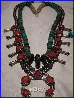 NAVAJO Real CORAL STERLING Silver BENCH Bead SQUASH BLOSSOM + TURQUOISE Necklace