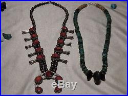 NAVAJO Real CORAL STERLING Silver BENCH Bead SQUASH BLOSSOM + TURQUOISE Necklace