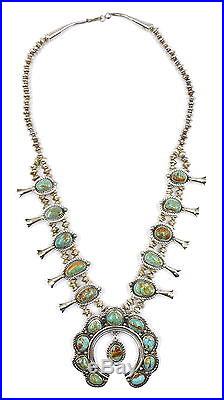 Navajo Squash Blossom Turquoise Sterling Silver Necklace Dennet Clark