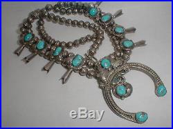 Navajo Tom Charley Sterling Silver Bench Bead Turquoise Squash Blossom Necklace