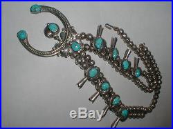 Navajo Tom Charley Sterling Silver Bench Bead Turquoise Squash Blossom Necklace