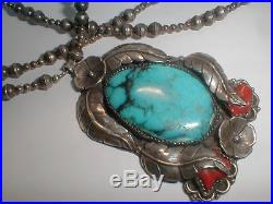 Navajo Tom Lewis Huge Sterling Silver Turquoise Pendant Bench Bead 26 Necklace