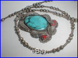 Navajo Tom Lewis Huge Sterling Silver Turquoise Pendant Bench Bead 26 Necklace