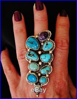 NAVAJO TURTLE BLUE TURQUOISE TRAIL RING CHAVEZ, sz 8 Sterling Silver
