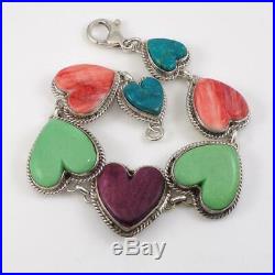 NEZ Sterling Silver Native American Turquoise Coral Heart Bracelet 7 LFL4