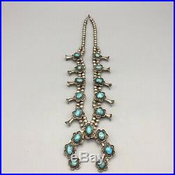 NICE TURQUOISE! VINTAGE TURQUOISE & STERLING SILVER, Squash Blossom Necklace