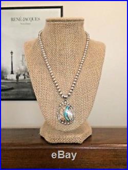 Native Am Boulder Ribbon Turquoise Pendant Sterling Silver Bead Necklace 925