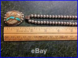 Native Am Boulder Ribbon Turquoise Pendant Sterling Silver Bead Necklace 925