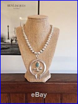 Native Am LARGE NAJA Sterling Silver Turquoise Pendant on Sterling Bead Necklace