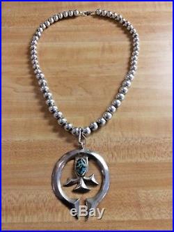 Native Am LARGE NAJA Sterling Silver Turquoise Pendant on Sterling Bead Necklace