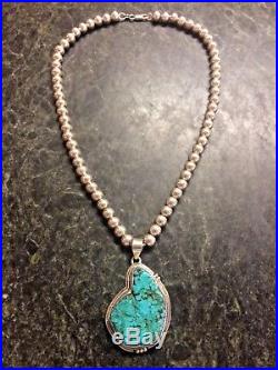 Native Am LARGE Sterling Silver Turquoise Pendant on Sterling Bead Necklace 925