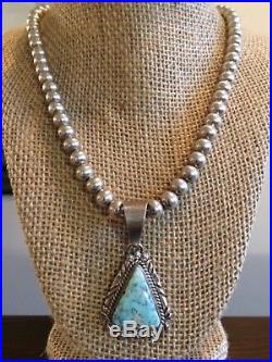 Native Am Navajo #8 Turquoise Pendant NE Sterling Silver Bead Necklace 925