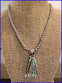 Native Am Navajo Boulder Ribbon Turquoise Pendant Sterling Silver Bead Necklace
