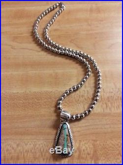 Native Am Navajo Boulder Ribbon Turquoise Pendant Sterling Silver Bead Necklace
