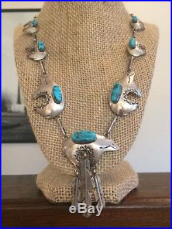 Native Am Navajo HUGE Sterling Silver Turquoise Bear Necklace Bobby Johnson 925