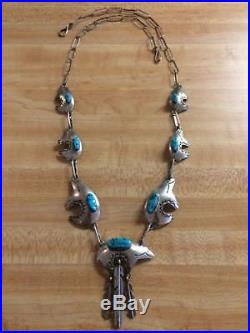 Native Am Navajo HUGE Sterling Silver Turquoise Bear Necklace Bobby Johnson 925