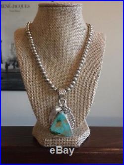 Native Am Navajo LG Turquoise Pendant S Ray Sterling Silver Bead Necklace 925
