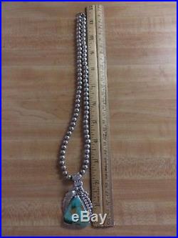 Native Am Navajo LG Turquoise Pendant S Ray Sterling Silver Bead Necklace 925